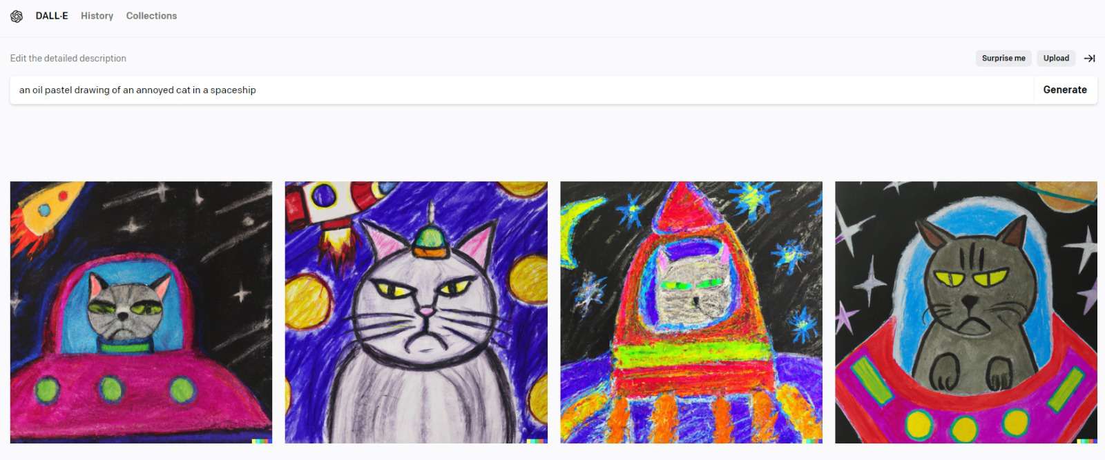 DALL·E-an oil pastel drawing of an annoyed cat in a spaceship